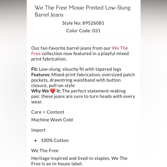 NWT Free People We The Free Moxie Printed Low-Slung Barrel Jeans - Picture 7 of 8